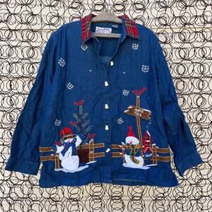 Vintage 90s Country Winter Christmas scene embroidered Jean denim shirt shacket